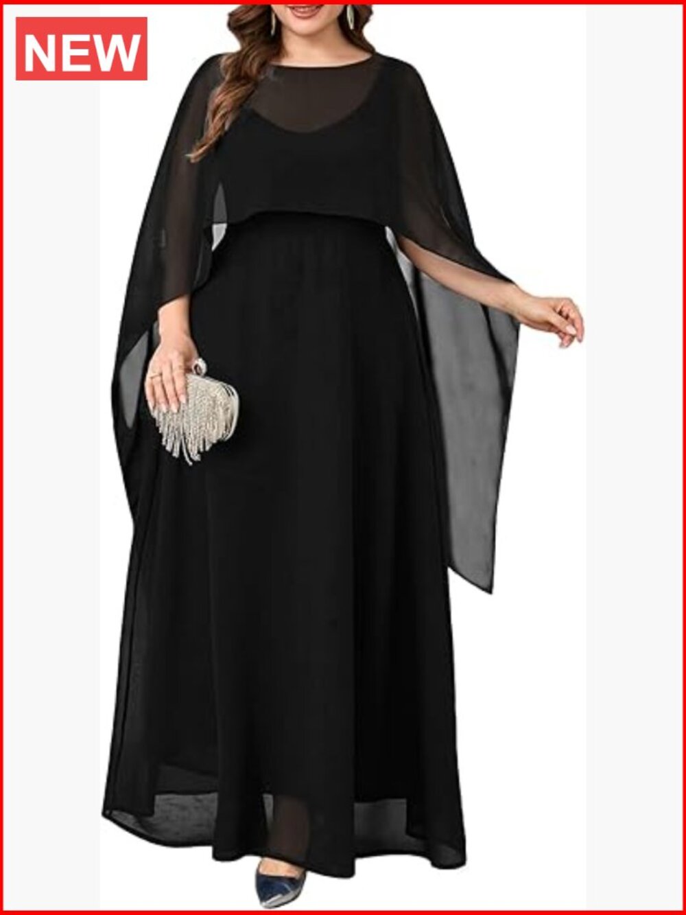 Plus Size Elegant Chiffon Formal Maxi Dress Cape Sleeve A-Line Evening Gown